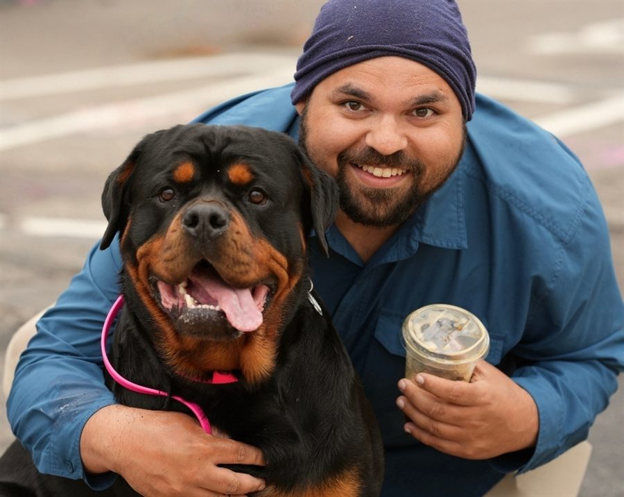 Chad kneeling beside Bias, a black-and-tan Rottweiler in a pink harness, who is leaning into him with a relaxed open mouth