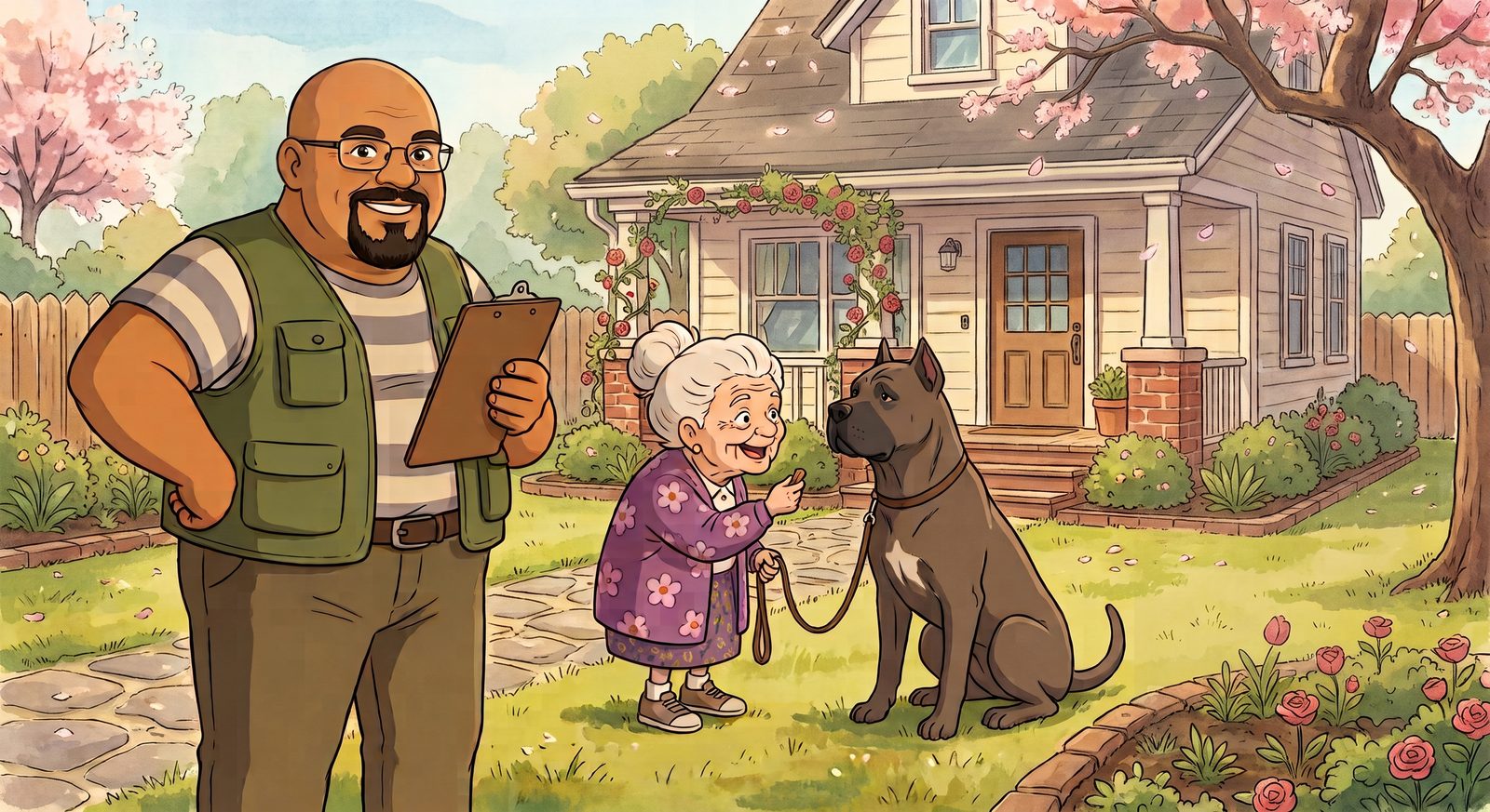 Chad standing in a client's front yard with a clipboard while an older woman offers a treat to her Cane Corso, who sits calmly on a loose leash outside her home